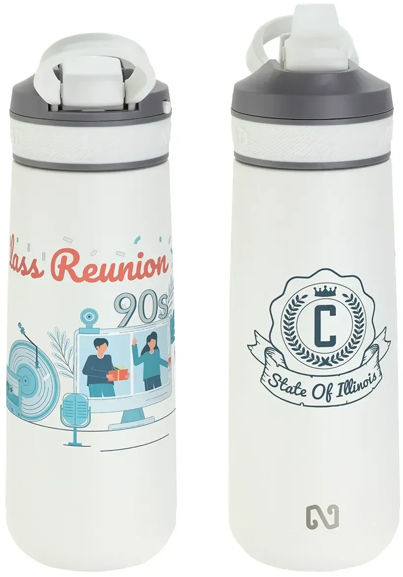 Branded NAYAD Vive 23 oz stainless steel bottle, side profile