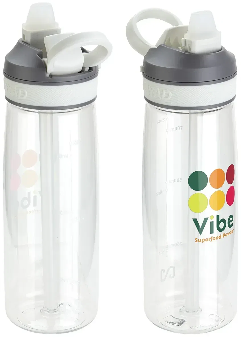 NAYAD Vive promotional Tritan bottle, side view showing flip-top straw lid closed