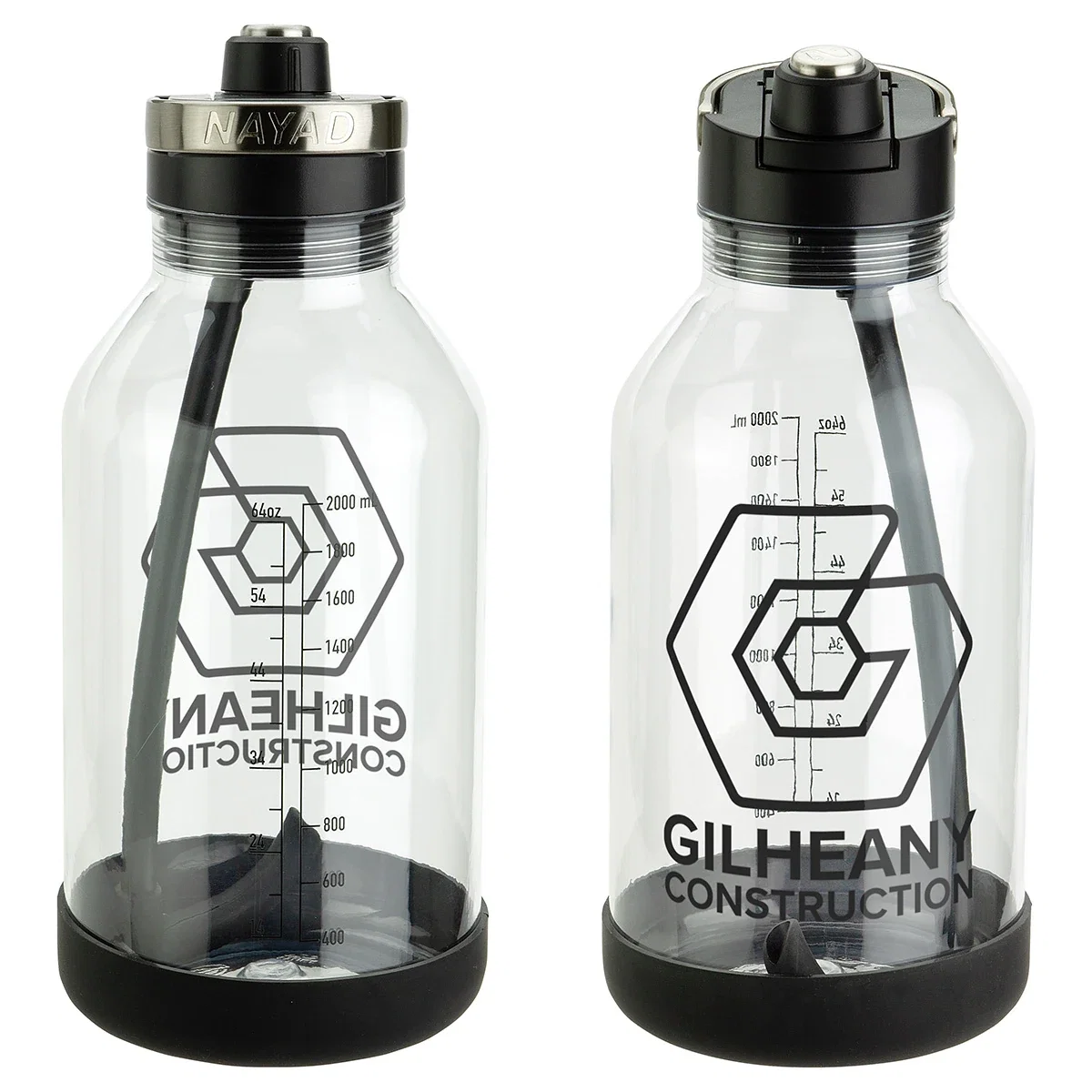 Custom NAYAD Voyager Tritan jug, front view of the branded two-liter water jug