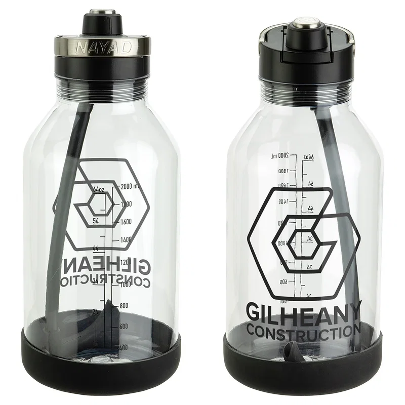 Custom NAYAD Voyager Tritan jug, front view of the branded two-liter water jug