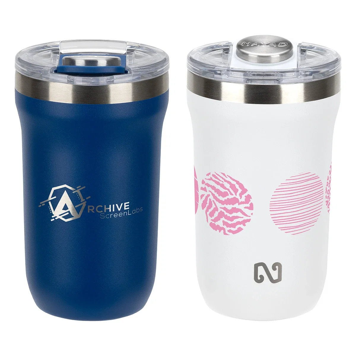 Custom NAYAD Wai 12 oz Double-Wall Tumbler, front view of the branded tumbler