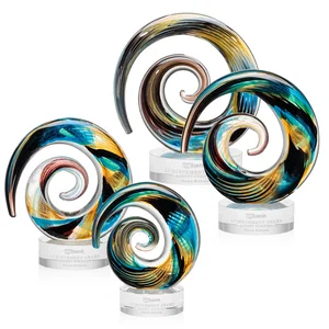 Seashell-Shaped Art Glass Award, Aqua, Amber and Burgundy Swirl