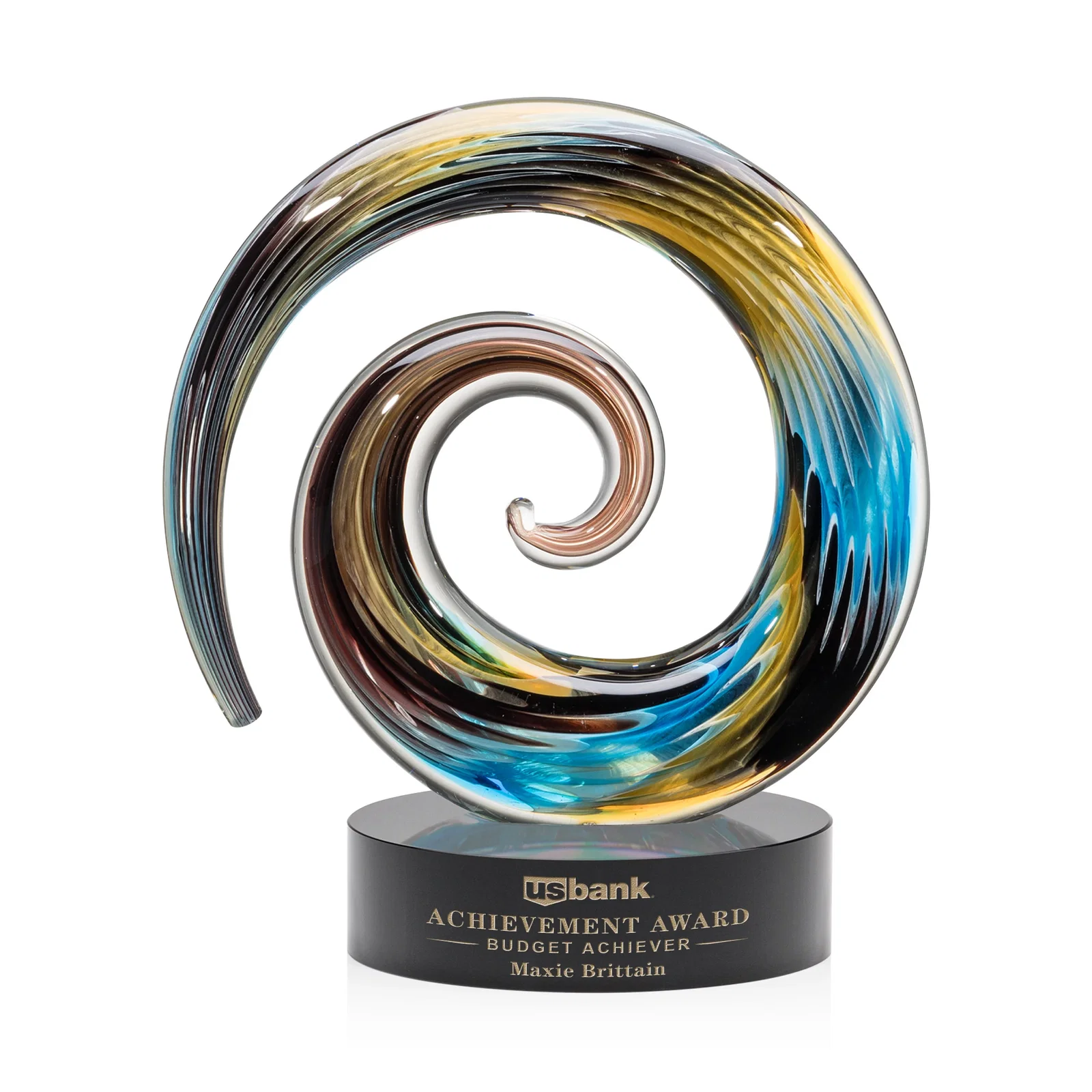 Custom Seashell-Shaped Art Glass Award, Aqua, Amber and Burgundy Swirl for volunteer appreciation