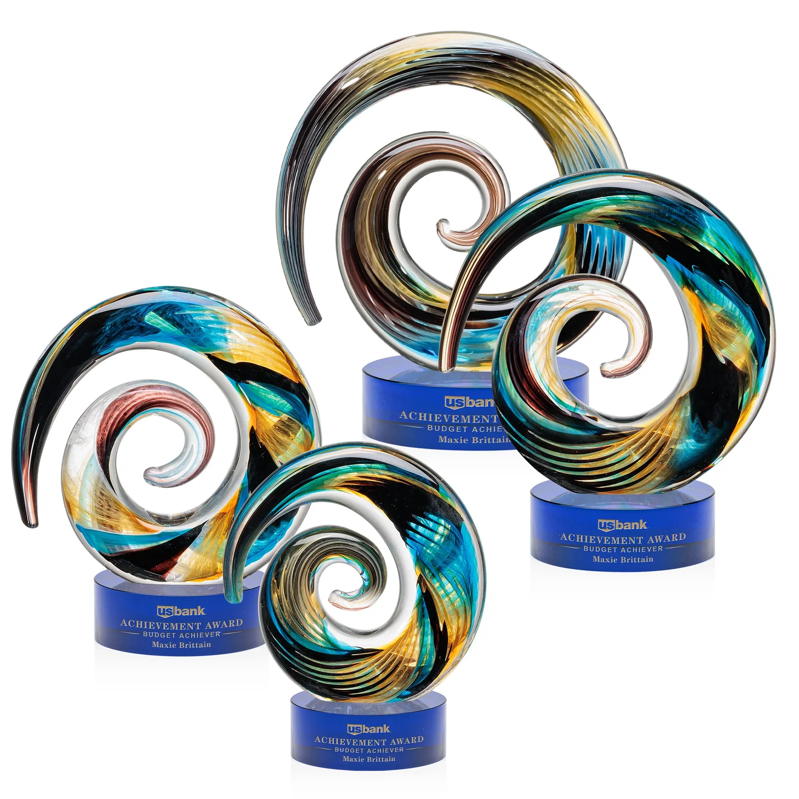 Custom Seashell-Shaped Art Glass Award, Aqua, Amber and Burgundy Swirl for dealer and partner awards