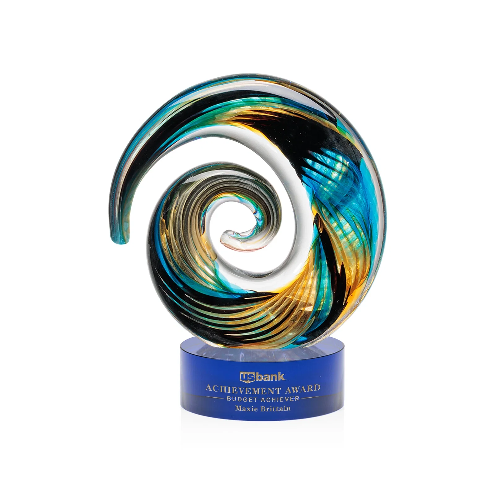 Custom Seashell-Shaped Art Glass Award, Aqua, Amber and Burgundy Swirl for company anniversary events