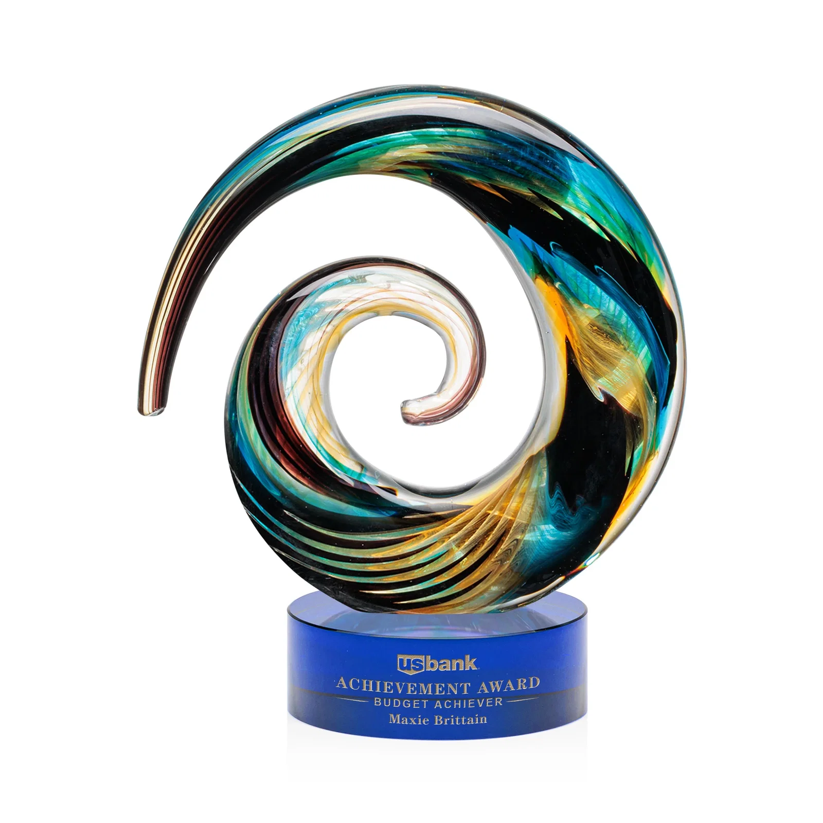 Personalized Seashell-Shaped Art Glass Award, Aqua, Amber and Burgundy Swirl for corporate award ceremonies