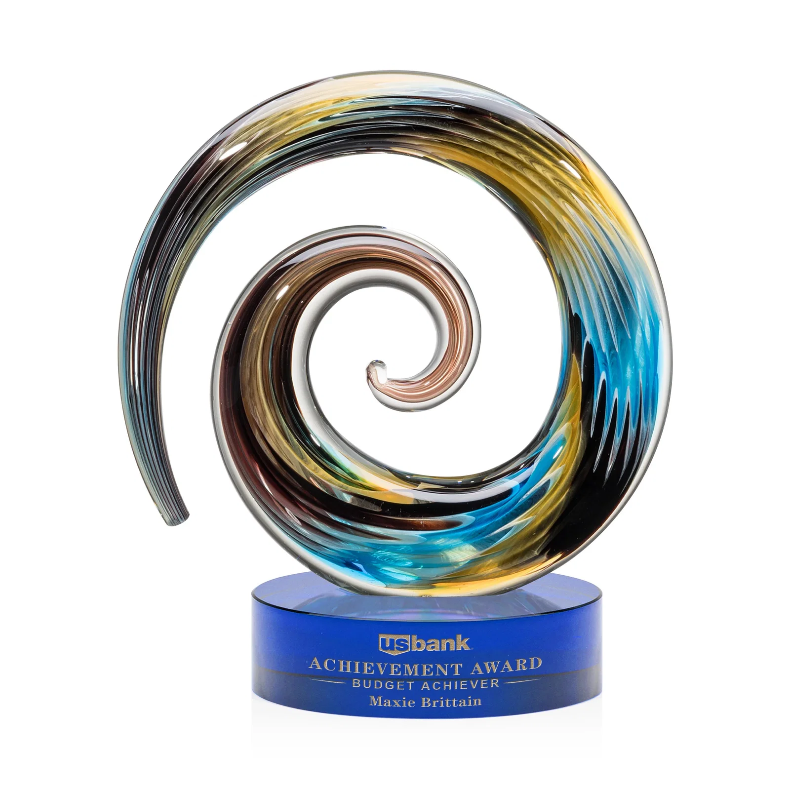 Personalized Seashell-Shaped Art Glass Award, Aqua, Amber and Burgundy Swirl for service anniversary gifts