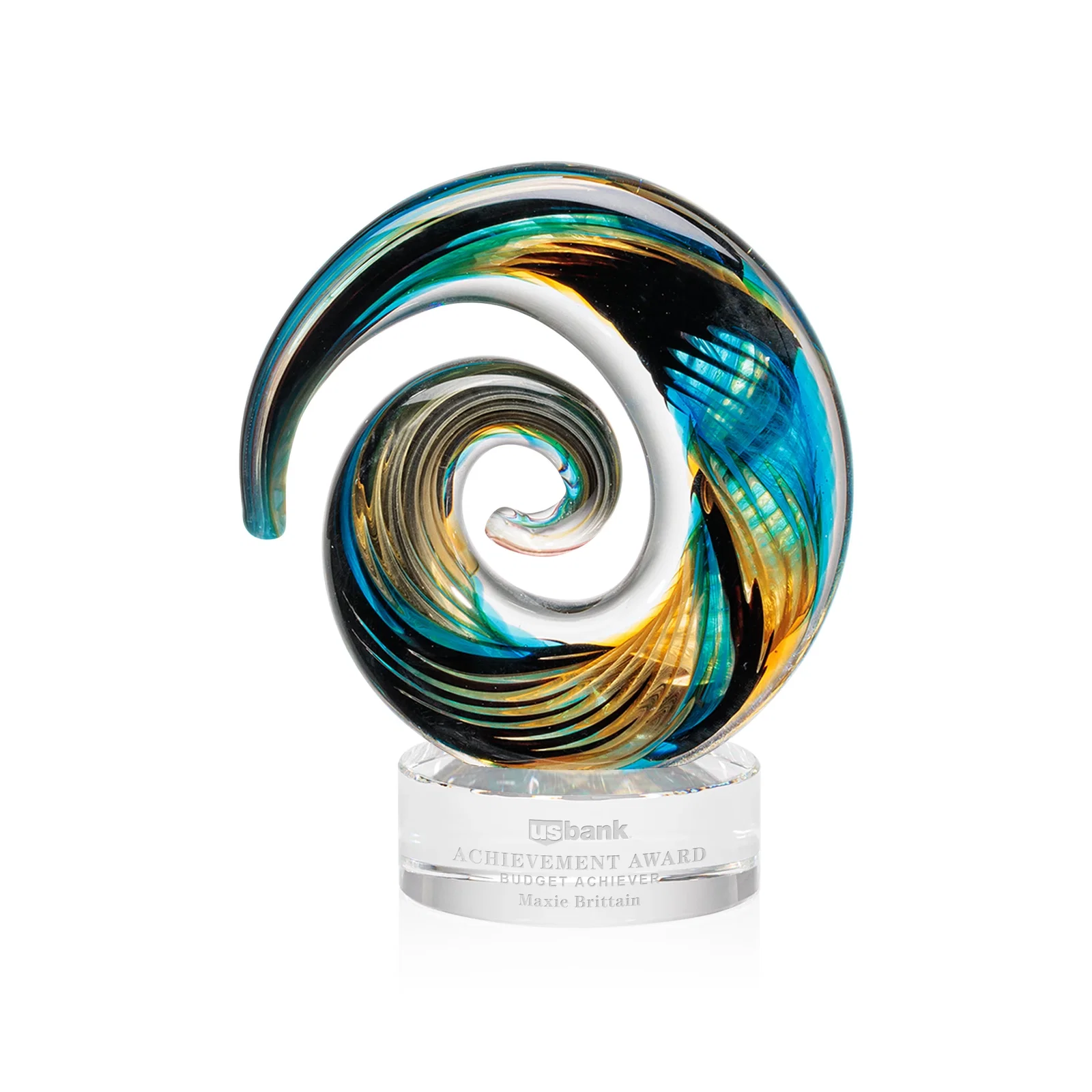 Custom Seashell-Shaped Art Glass Award, Aqua, Amber and Burgundy Swirl for corporate award ceremonies