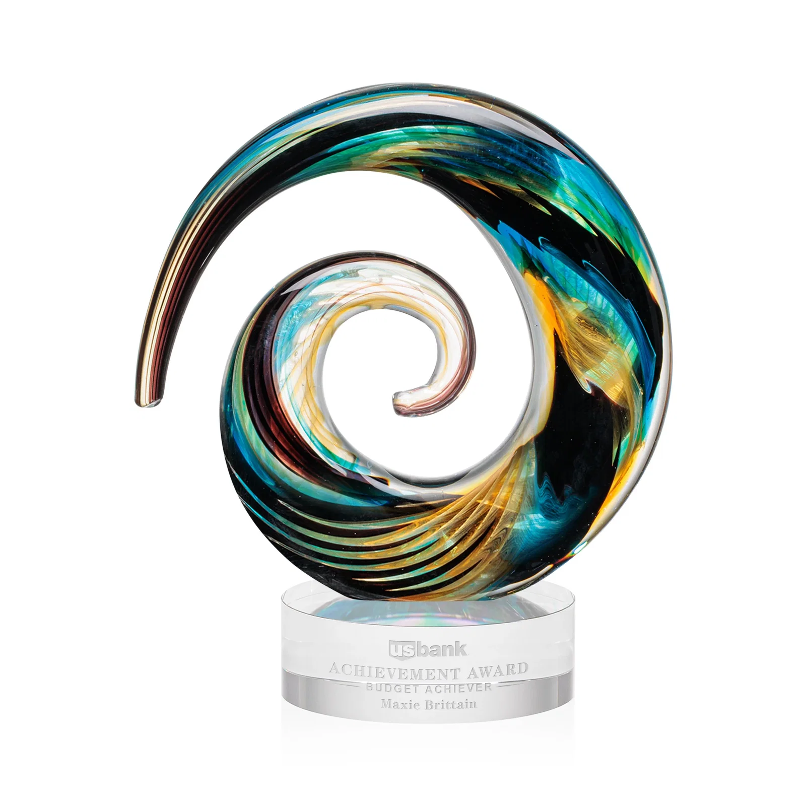 Custom Seashell-Shaped Art Glass Award, Aqua, Amber and Burgundy Swirl for sales achievement awards