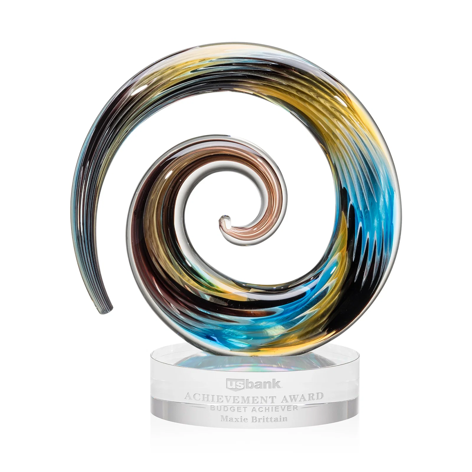 Custom Seashell-Shaped Art Glass Award, Aqua, Amber and Burgundy Swirl for retirement presentations