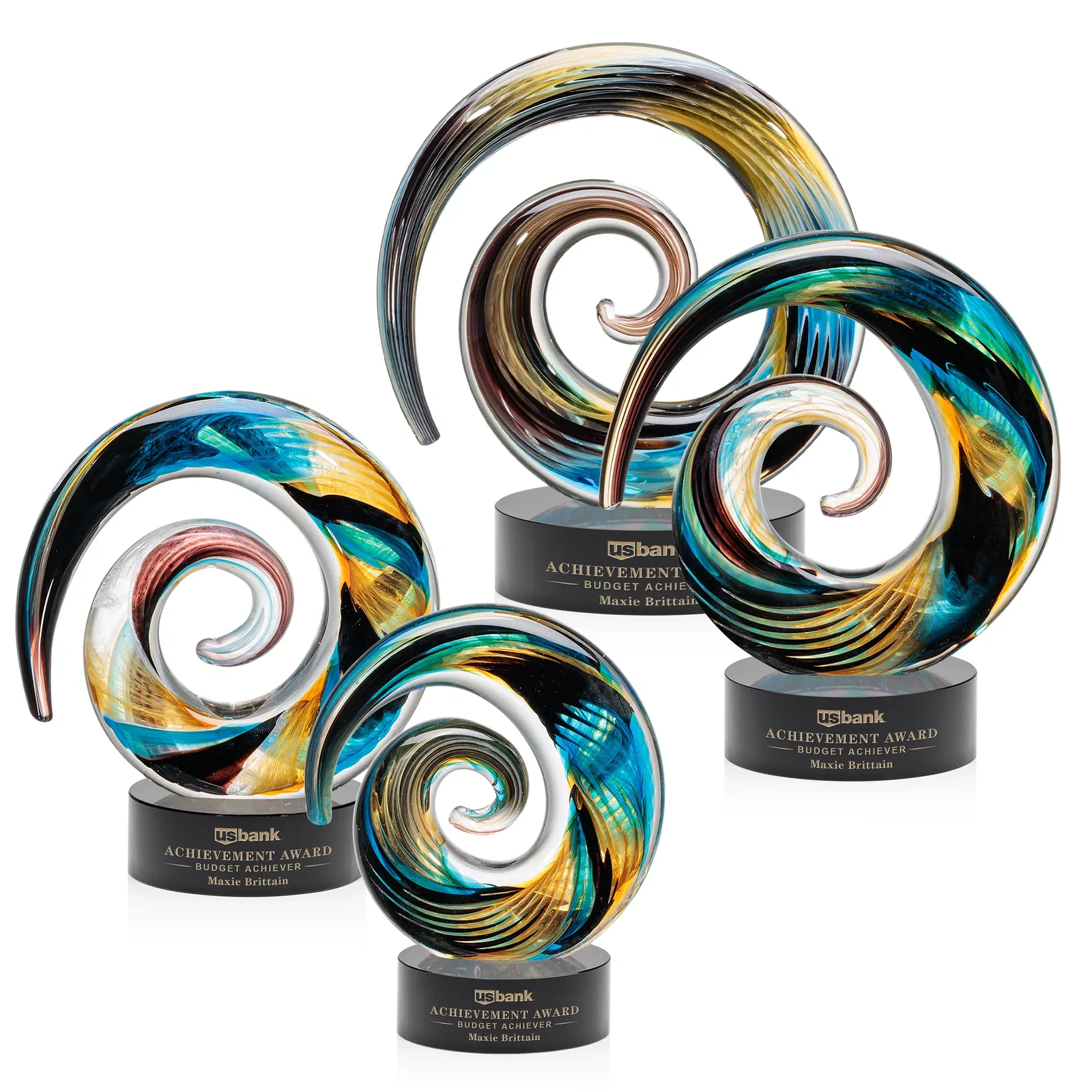 Custom Seashell-Shaped Art Glass Award, Aqua, Amber and Burgundy Swirl for team milestone celebrations