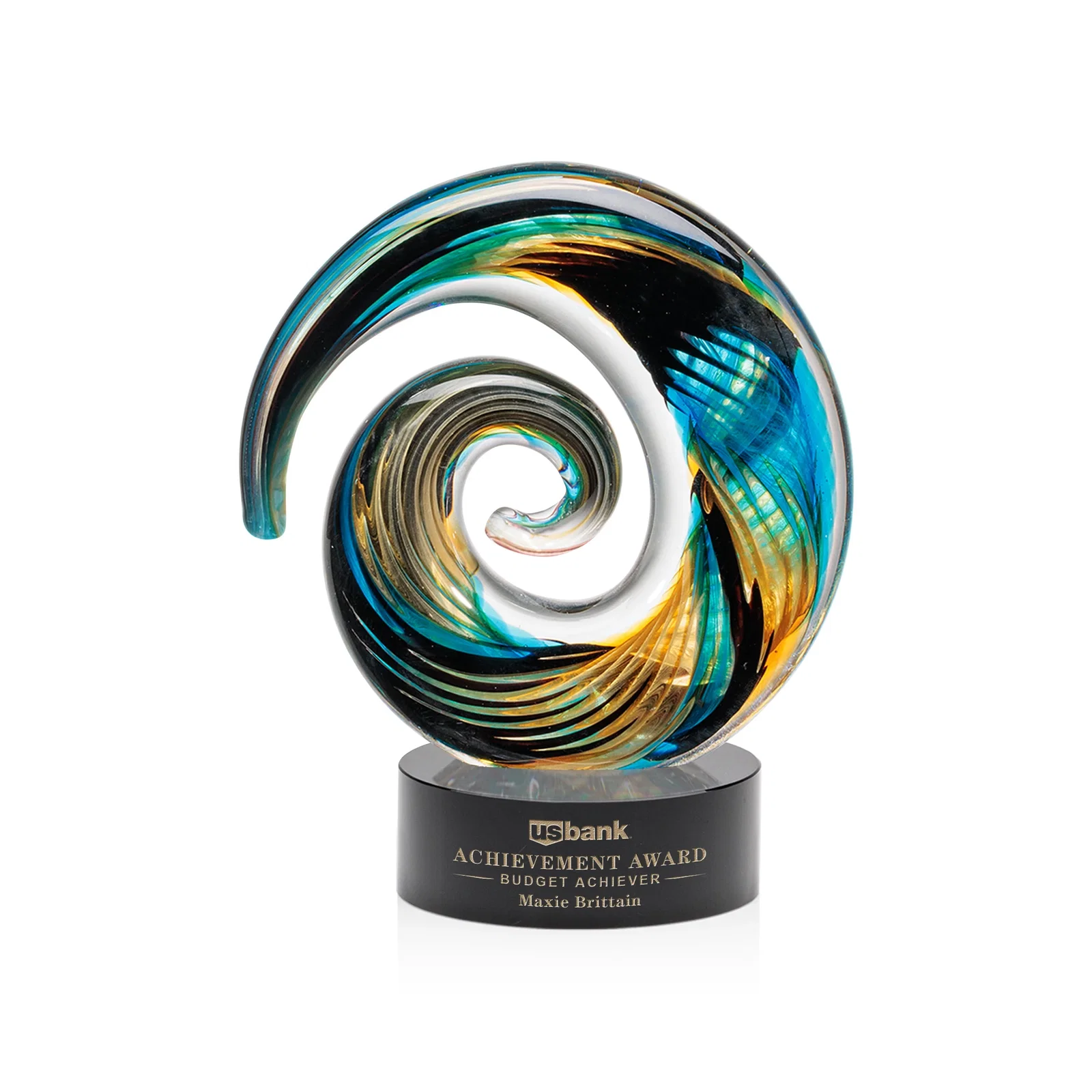 Custom Seashell-Shaped Art Glass Award, Aqua, Amber and Burgundy Swirl for donor appreciation