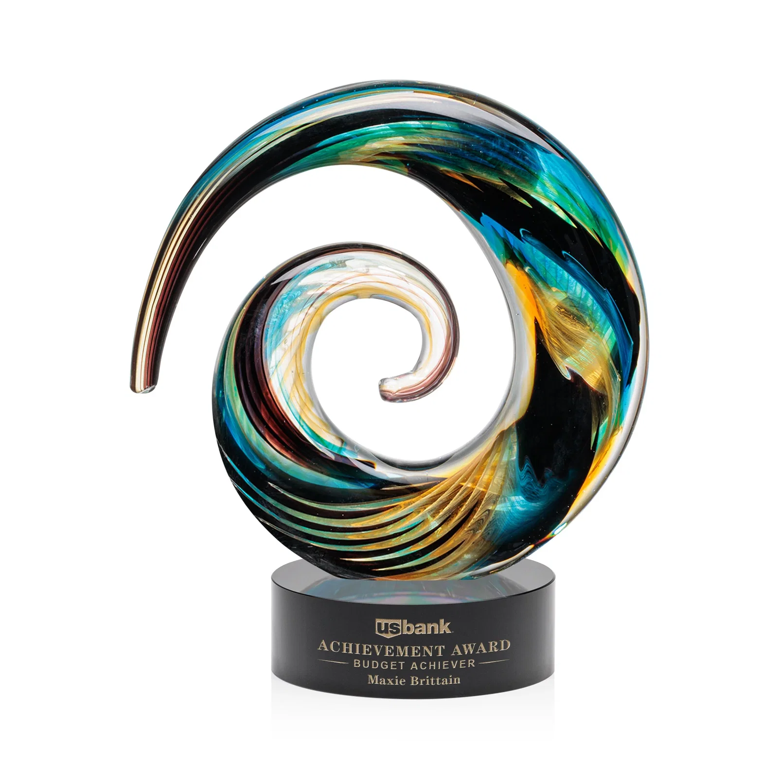 Custom Seashell-Shaped Art Glass Award, Aqua, Amber and Burgundy Swirl for safety achievement programs