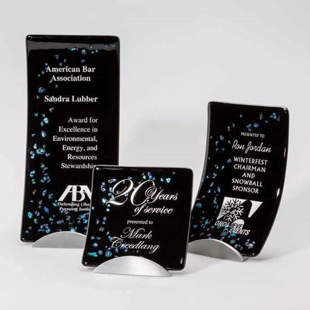 Custom Black Opal Glass Curved Plate Award on Pewter Metal Base for employee recognition