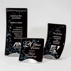 Black Opal Glass Curved Plate Award on Pewter Metal Base