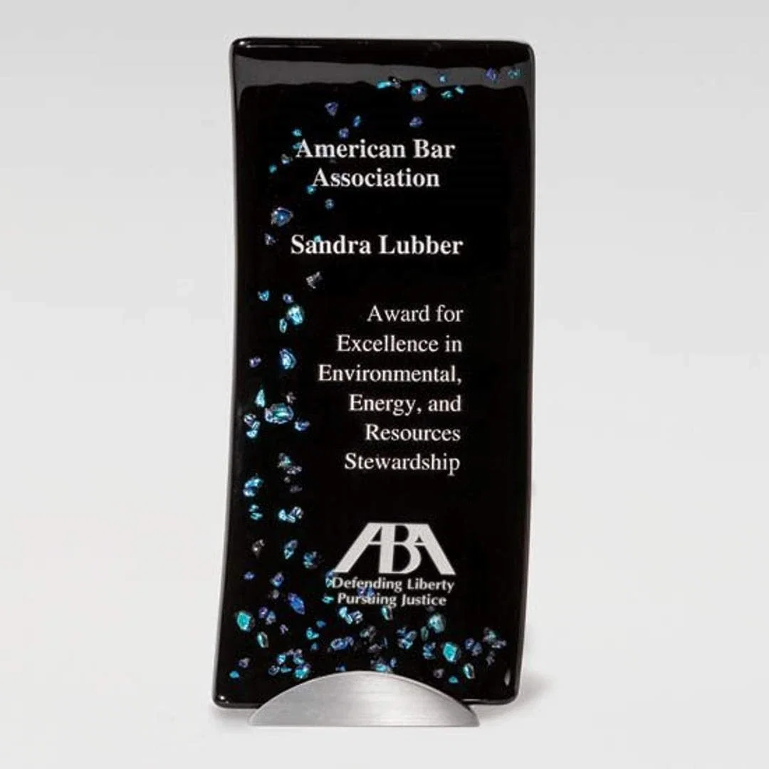 Custom Black Opal Glass Curved Plate Award on Pewter Metal Base for corporate award ceremonies