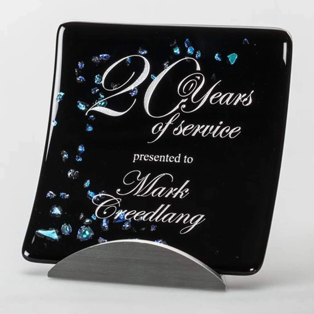 Custom Black Opal Glass Curved Plate Award on Pewter Metal Base for service anniversary gifts