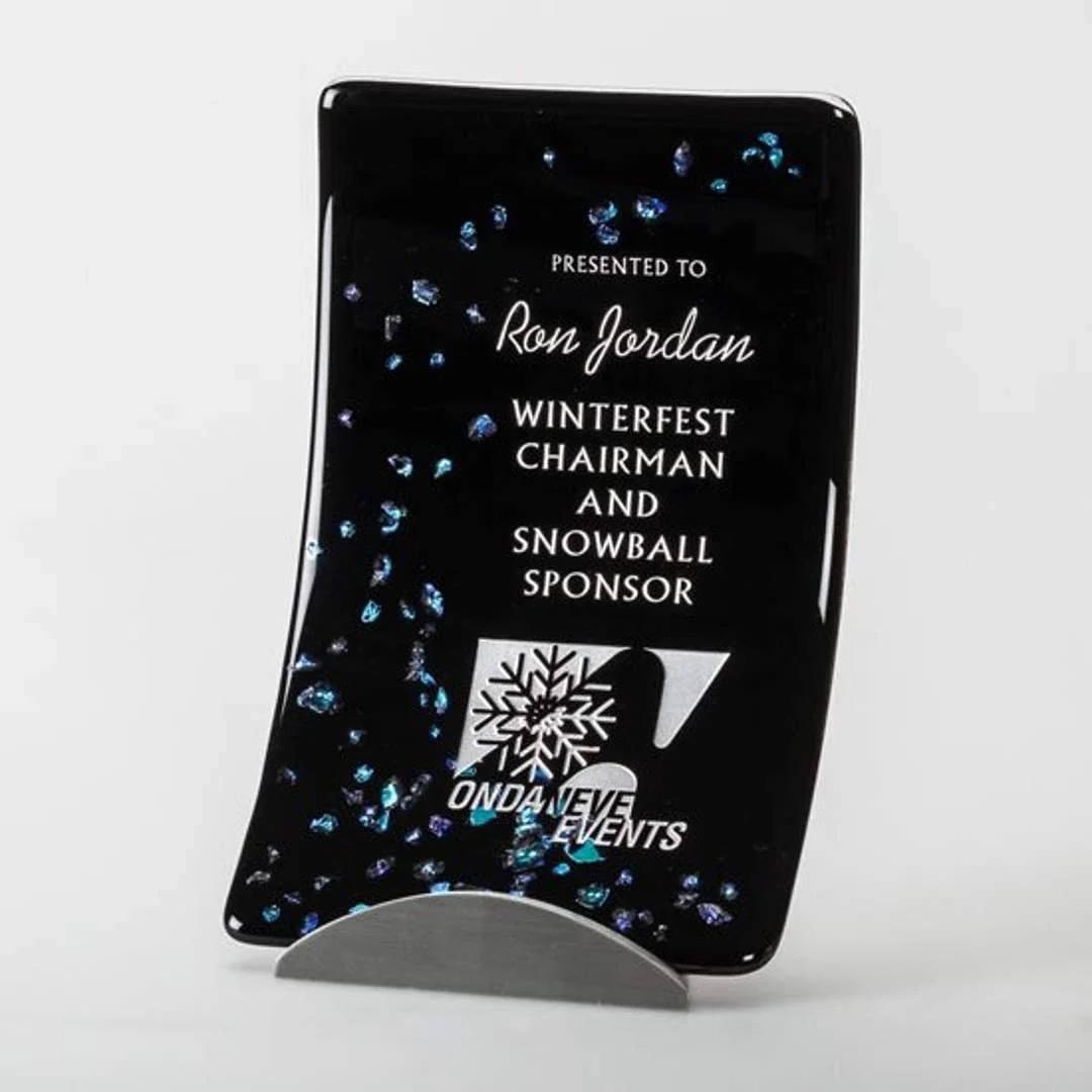 Custom Black Opal Glass Curved Plate Award on Pewter Metal Base for sales achievement awards