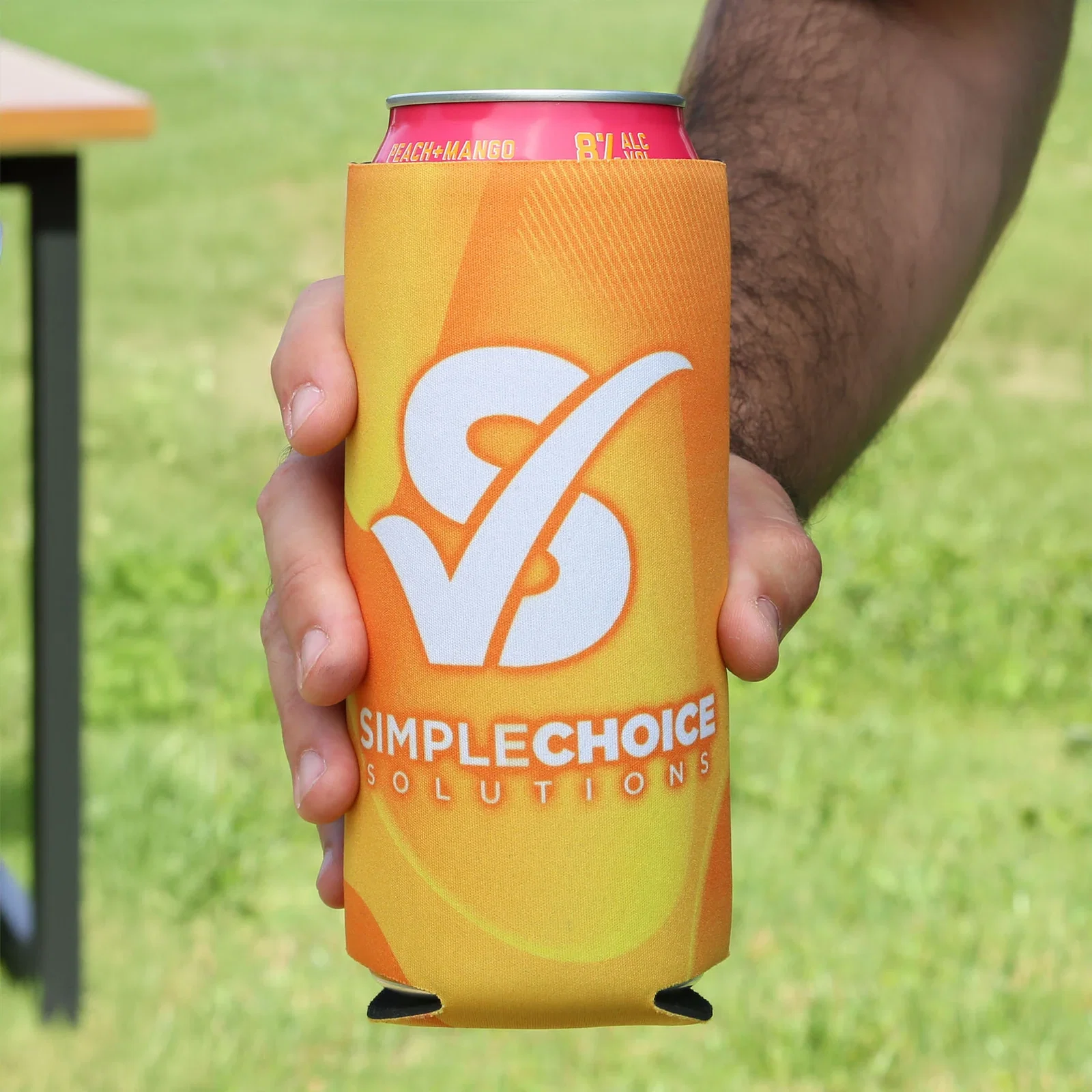 Full Color 16 oz Neogreen™ Recycled Can Cooler held in hand
