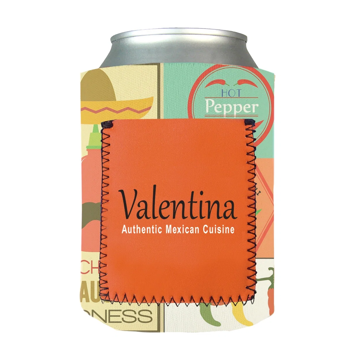 White neoprene can cooler with a small front pocket