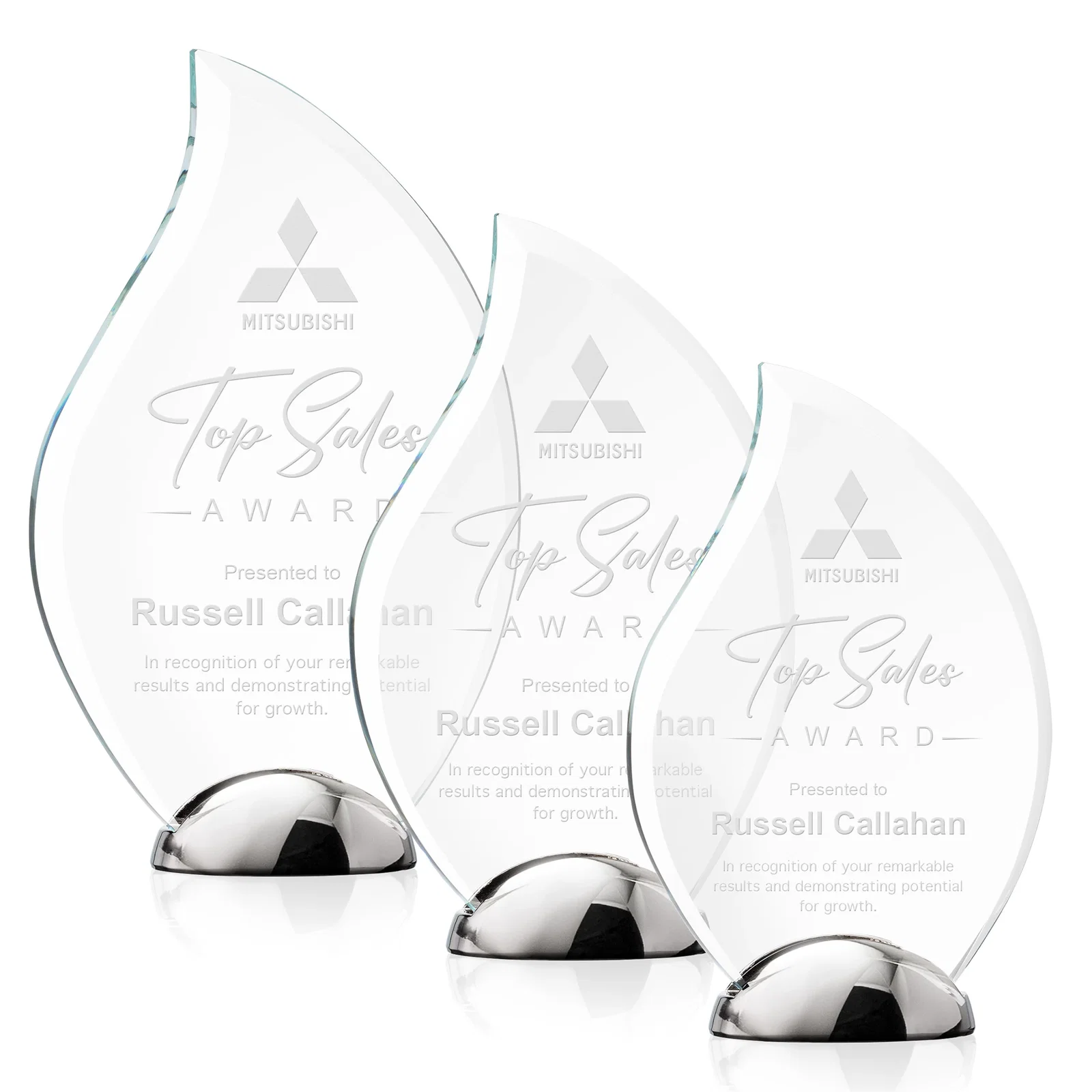 Custom Starfire Crystal Flame Award on Polished Chrome Base for employee recognition