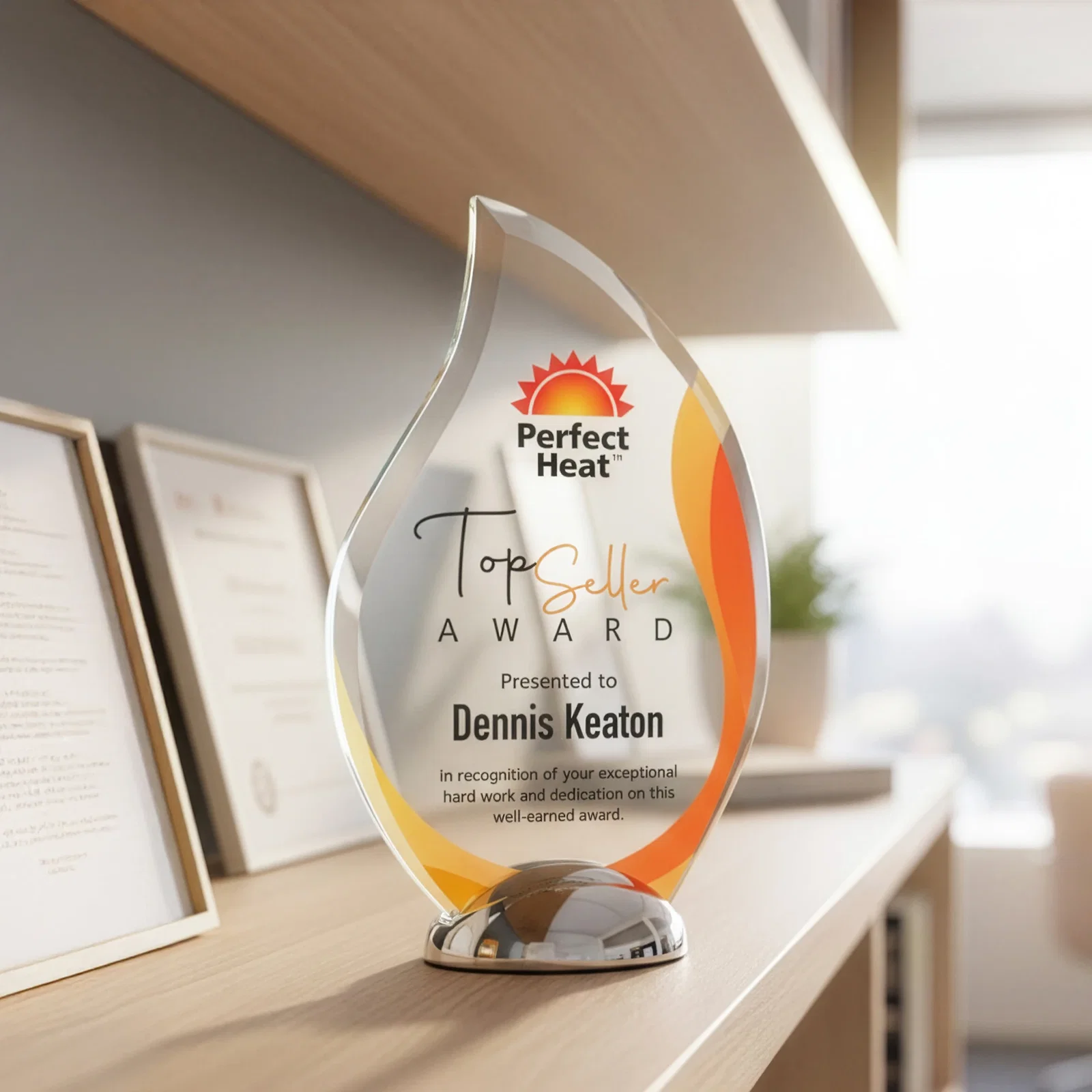 Custom Starfire Crystal Flame Award on Polished Chrome Base for volunteer appreciation