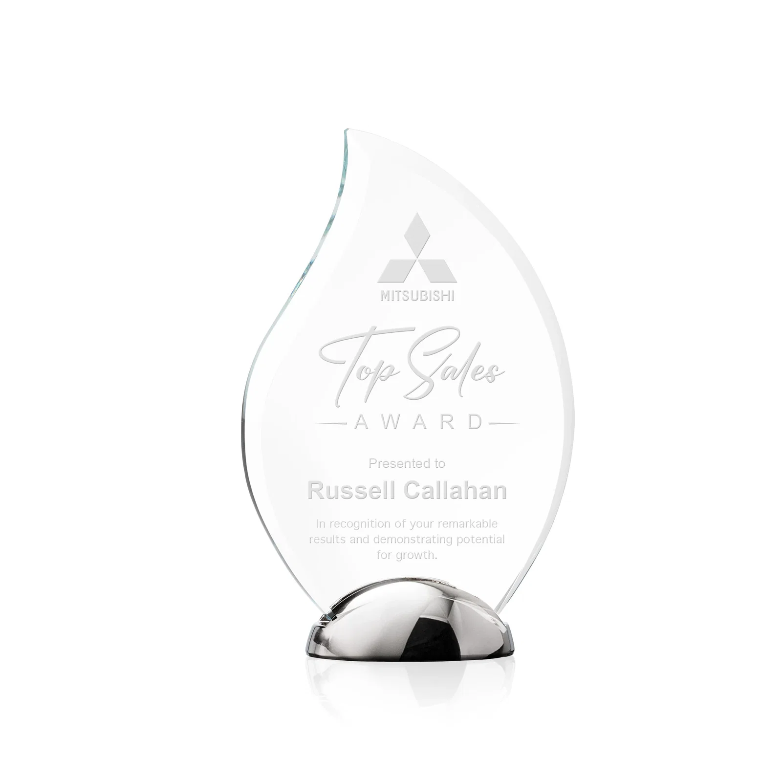 Custom Starfire Crystal Flame Award on Polished Chrome Base for corporate award ceremonies