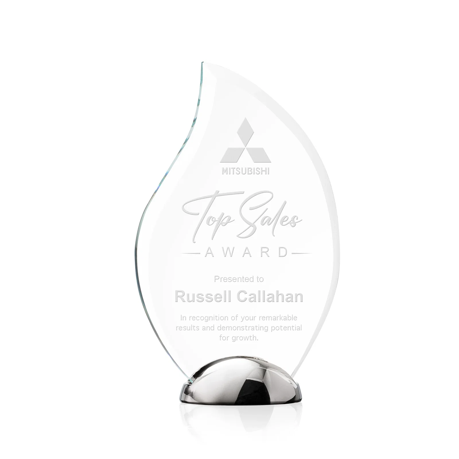 Custom Starfire Crystal Flame Award on Polished Chrome Base for service anniversary gifts