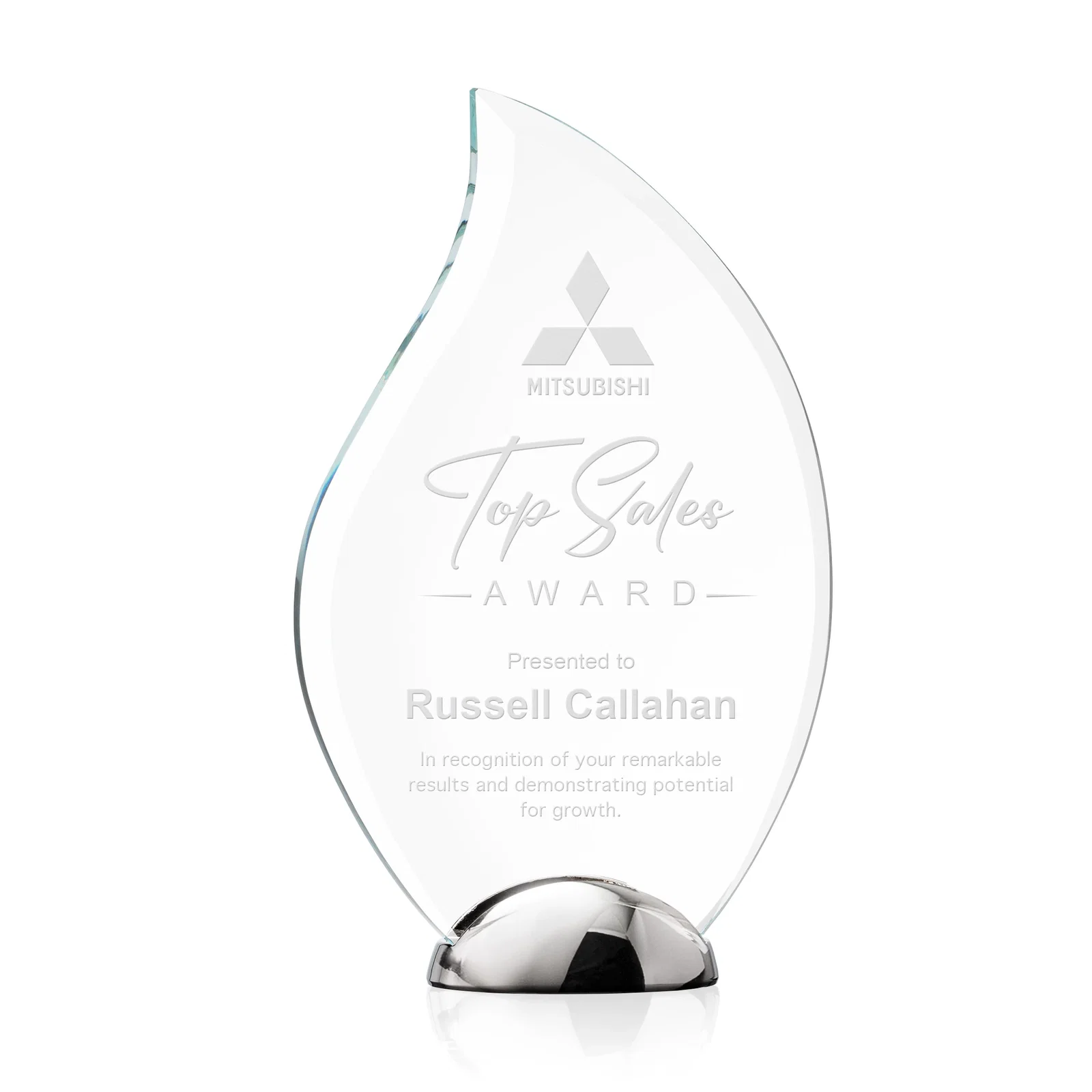 Custom Starfire Crystal Flame Award on Polished Chrome Base for sales achievement awards