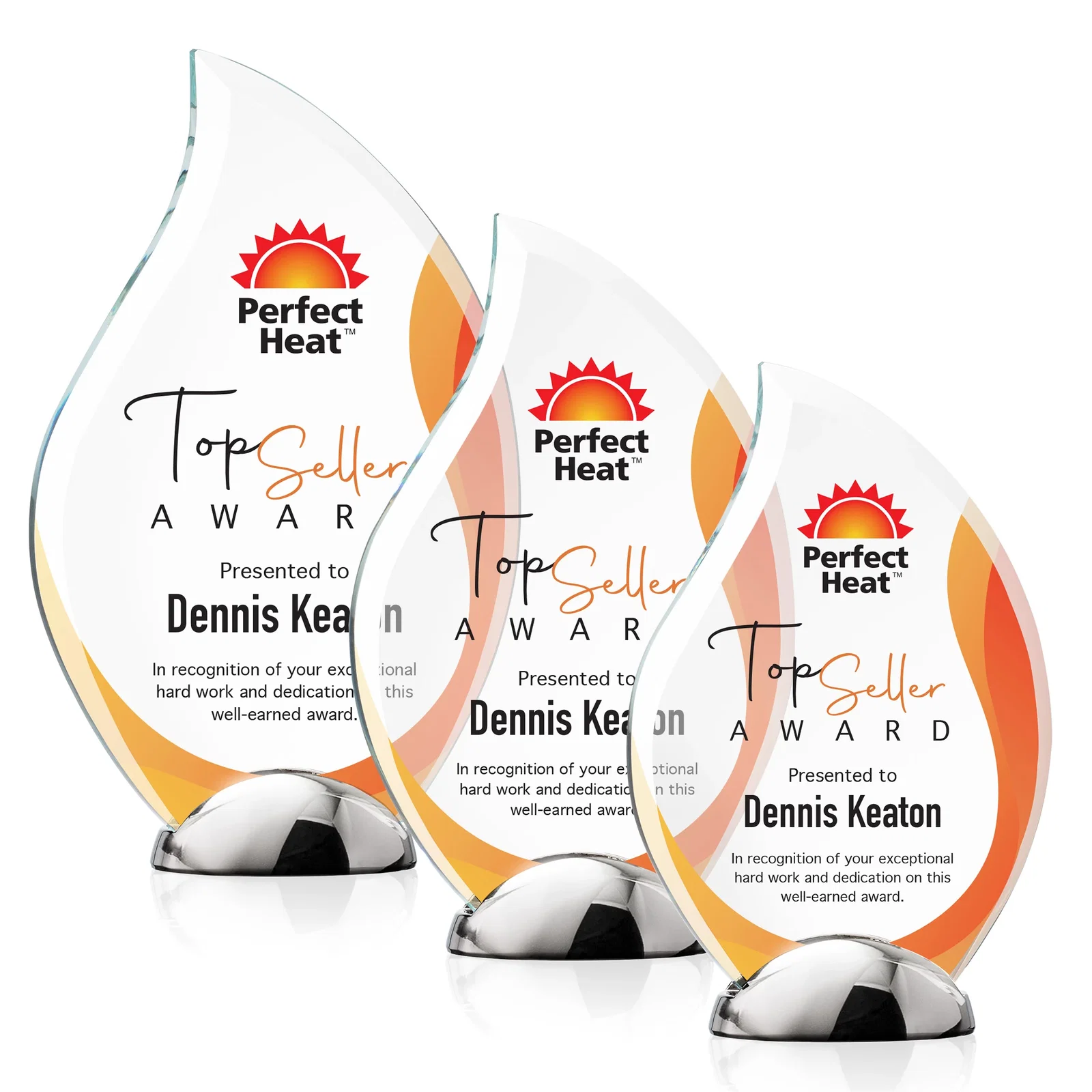 Custom Starfire Crystal Flame Award on Polished Chrome Base for team milestone celebrations