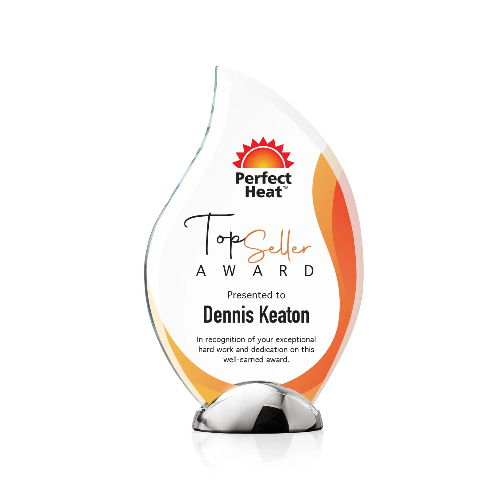 Custom Starfire Crystal Flame Award on Polished Chrome Base for graduation ceremonies