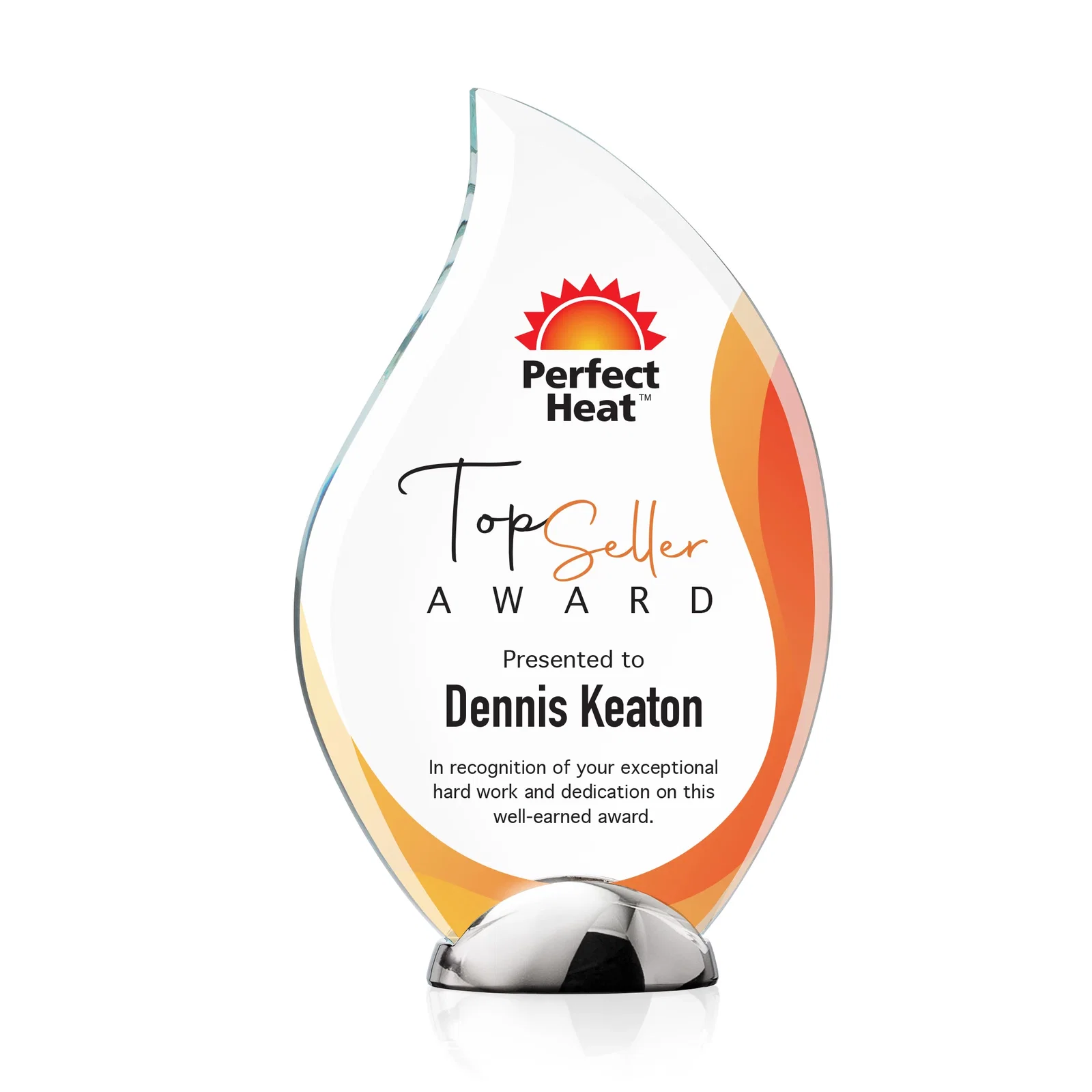 Custom Starfire Crystal Flame Award on Polished Chrome Base for safety achievement programs