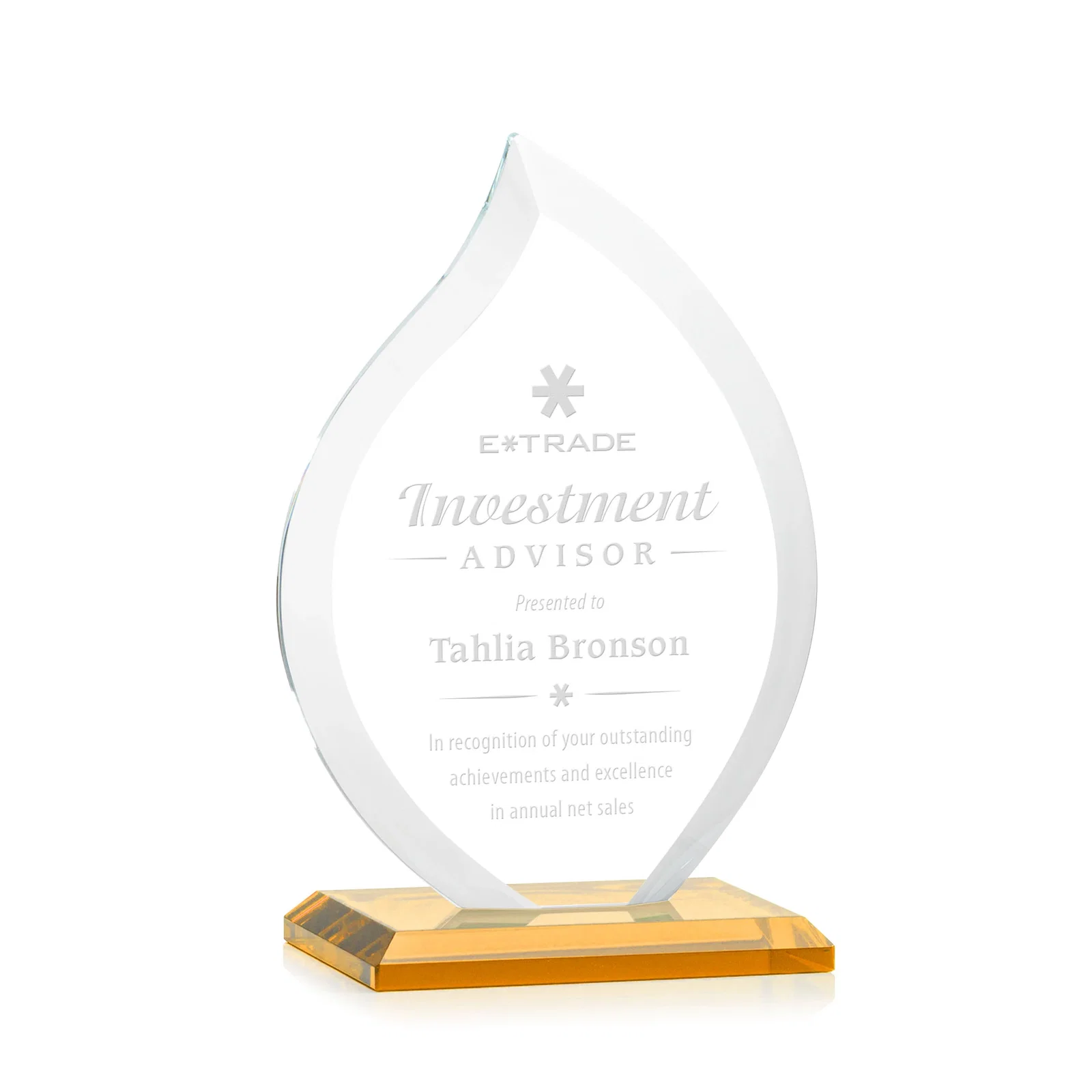 Custom Jade Glass Flame Award, 1/2-Inch Thick, Vertical-Flow Artwork for volunteer appreciation