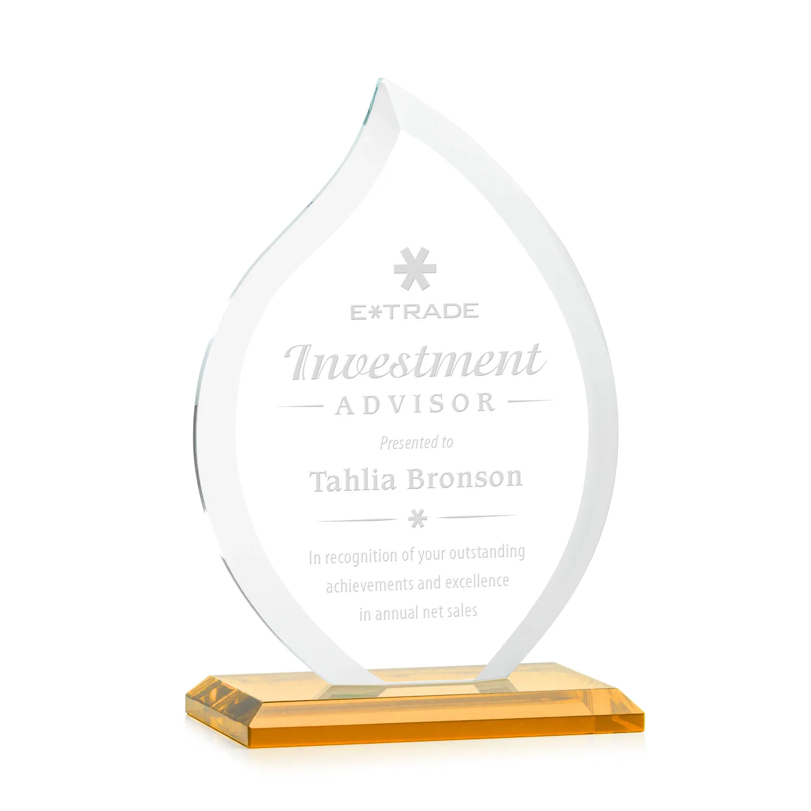 Custom Jade Glass Flame Award, 1/2-Inch Thick, Vertical-Flow Artwork for dealer and partner awards