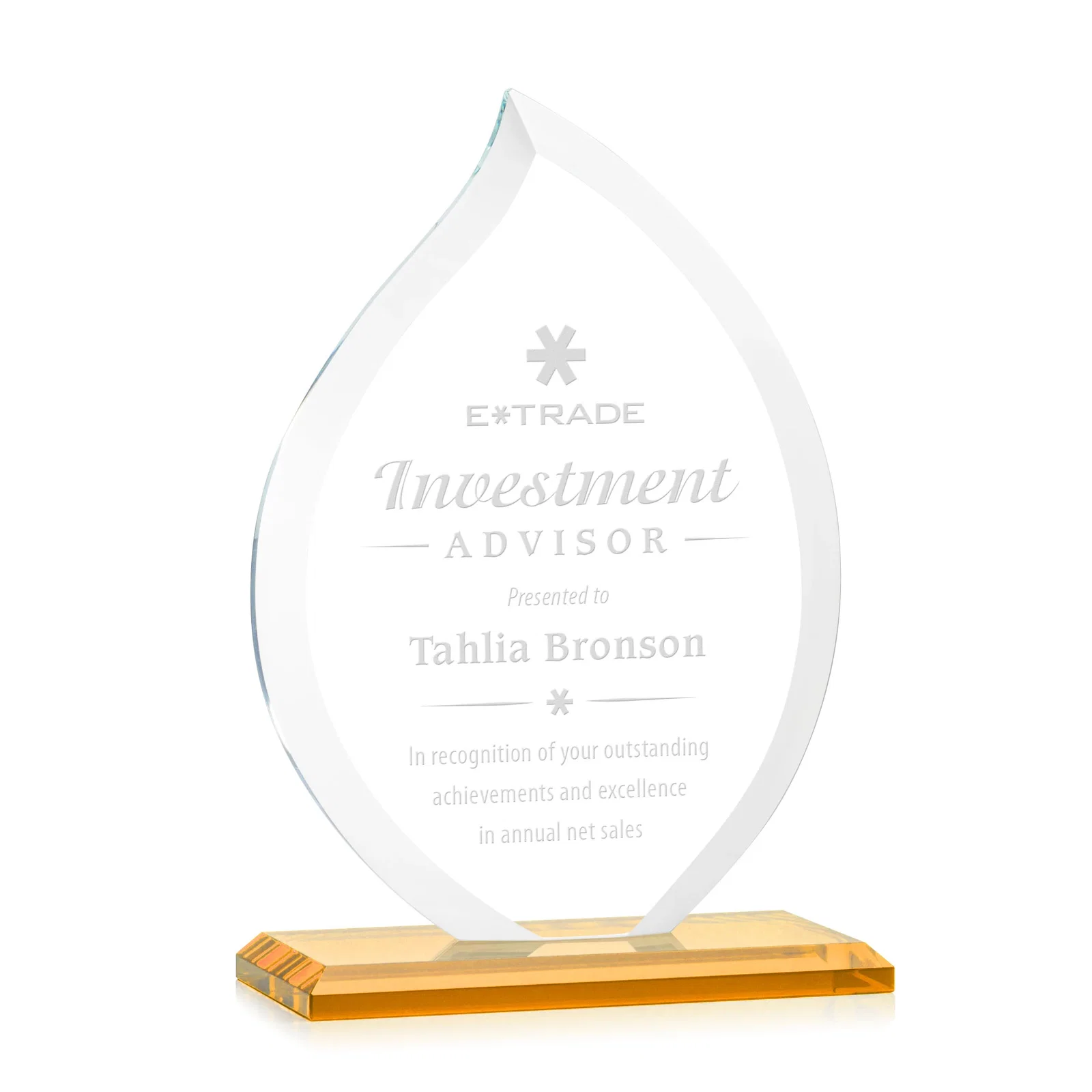 Custom Jade Glass Flame Award, 1/2-Inch Thick, Vertical-Flow Artwork for company anniversary events