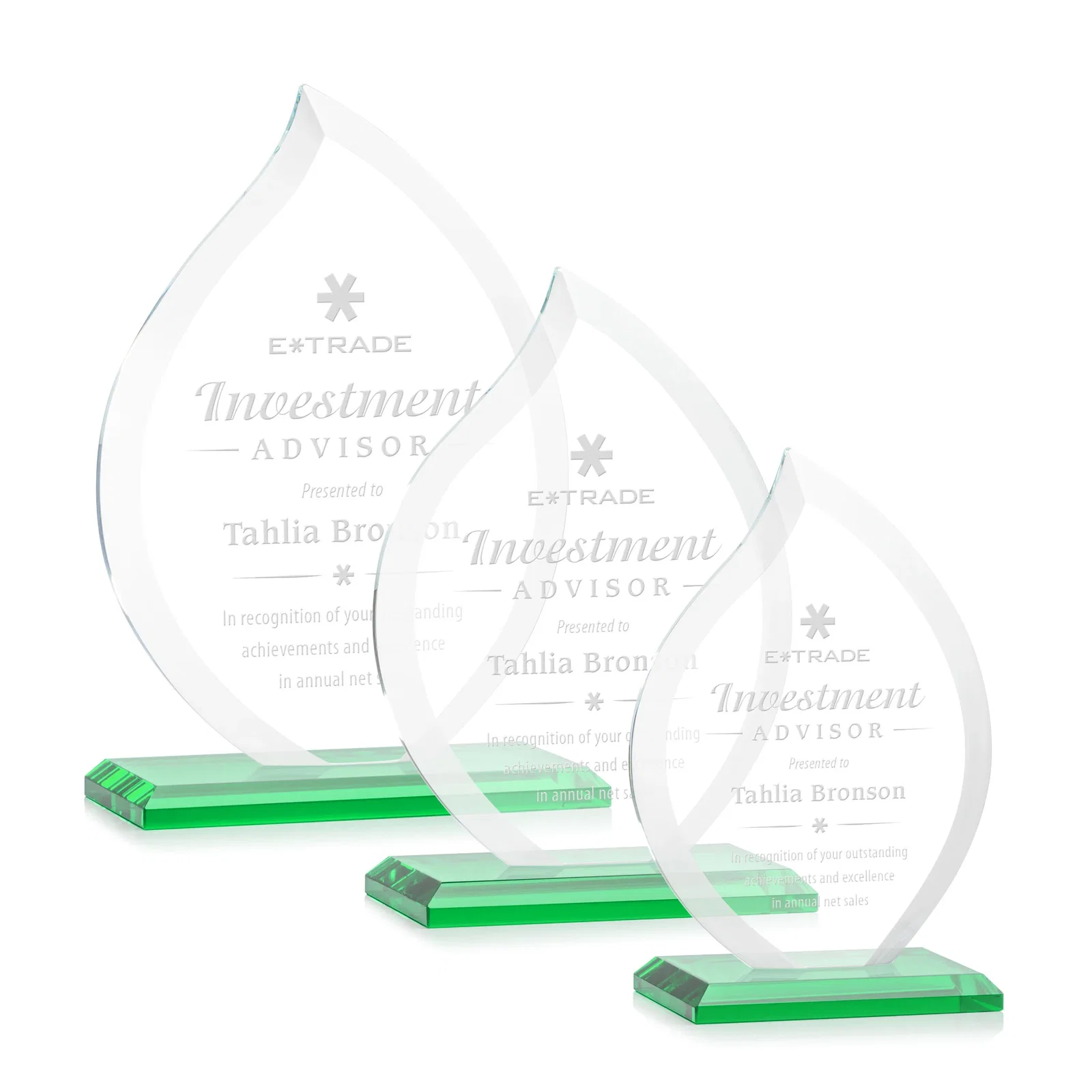 Personalized Jade Glass Flame Award, 1/2-Inch Thick, Vertical-Flow Artwork for employee recognition