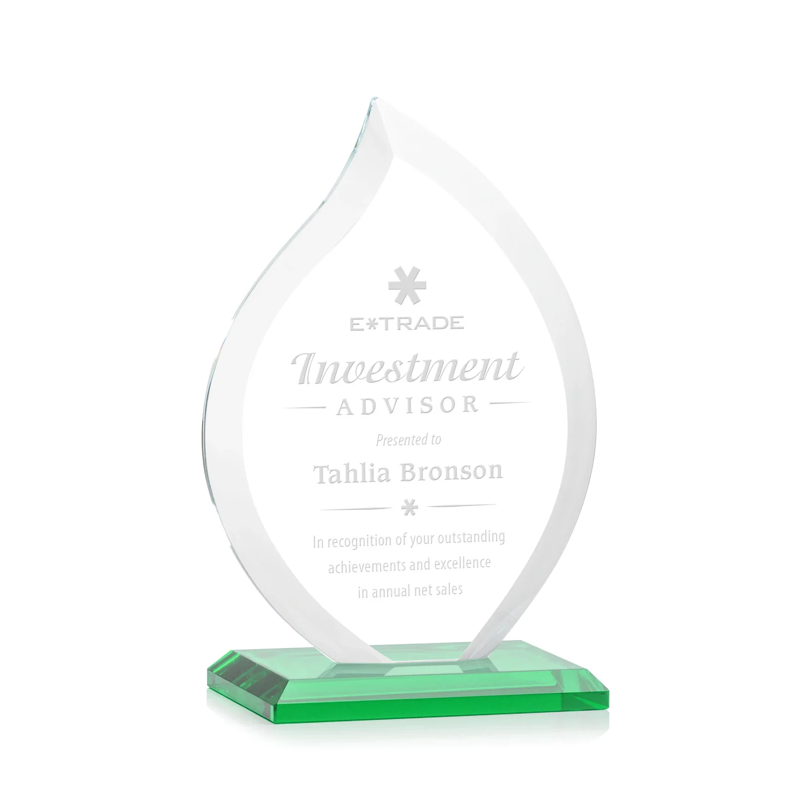 Personalized Jade Glass Flame Award, 1/2-Inch Thick, Vertical-Flow Artwork for corporate award ceremonies