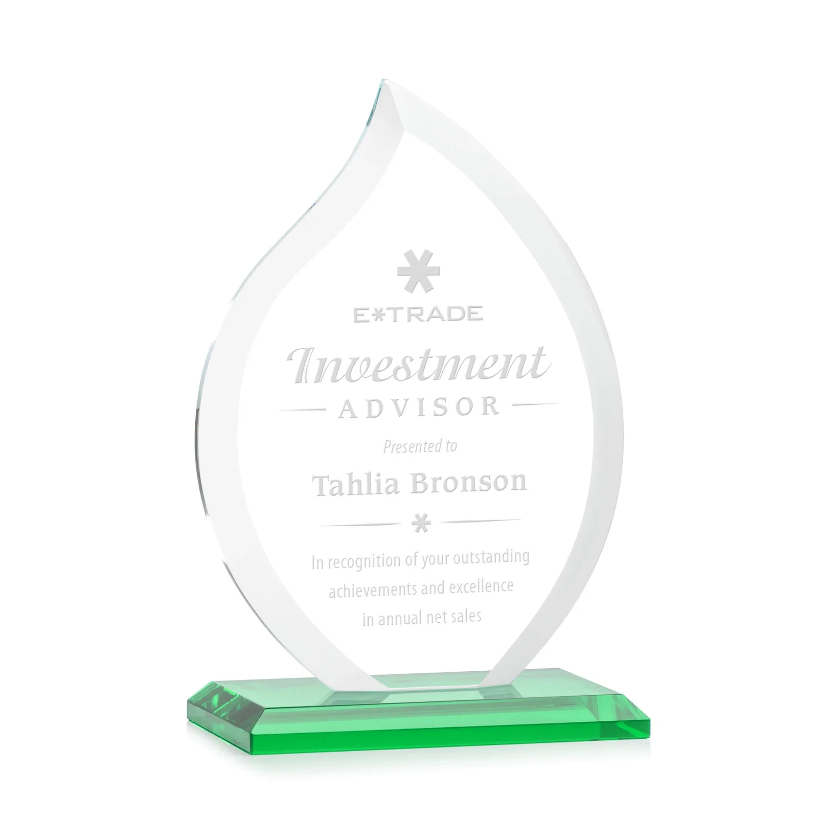 Personalized Jade Glass Flame Award, 1/2-Inch Thick, Vertical-Flow Artwork for service anniversary gifts