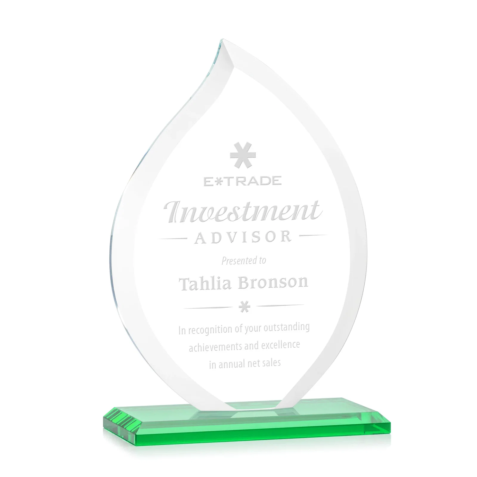 Personalized Jade Glass Flame Award, 1/2-Inch Thick, Vertical-Flow Artwork for sales achievement awards