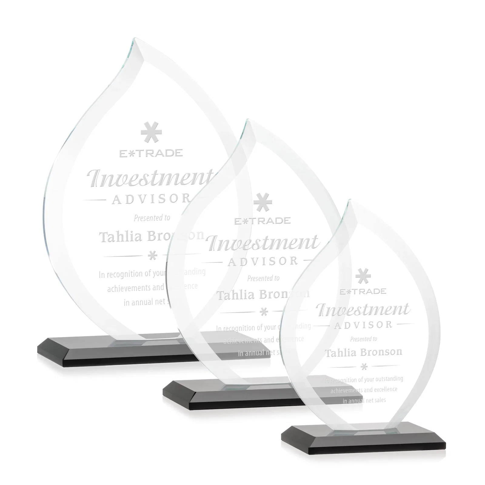 Personalized Jade Glass Flame Award, 1/2-Inch Thick, Vertical-Flow Artwork for retirement presentations