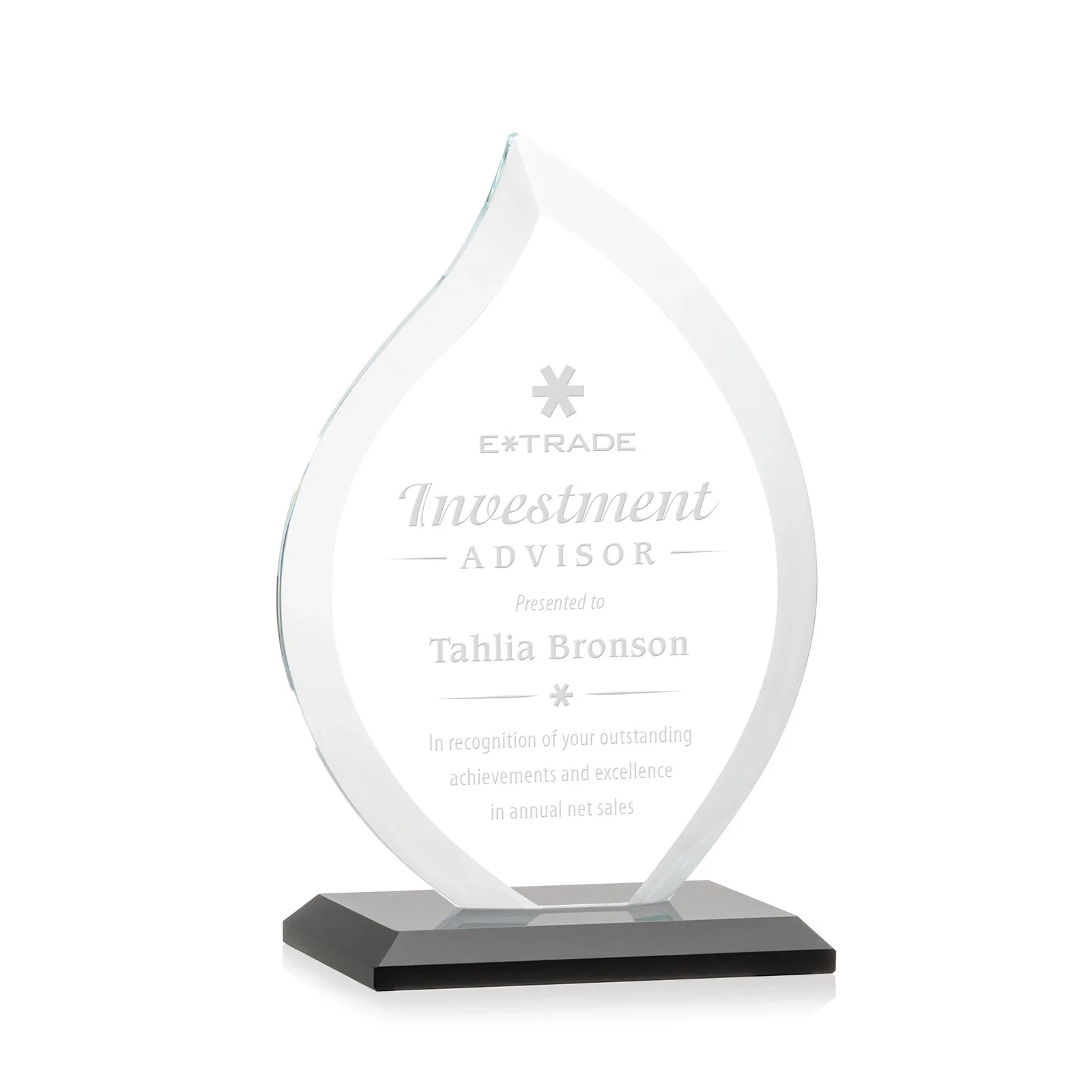 Personalized Jade Glass Flame Award, 1/2-Inch Thick, Vertical-Flow Artwork for team milestone celebrations