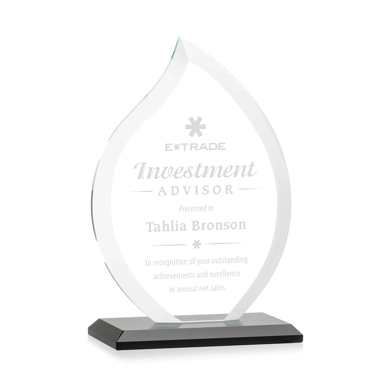 Personalized Jade Glass Flame Award, 1/2-Inch Thick, Vertical-Flow Artwork for donor appreciation