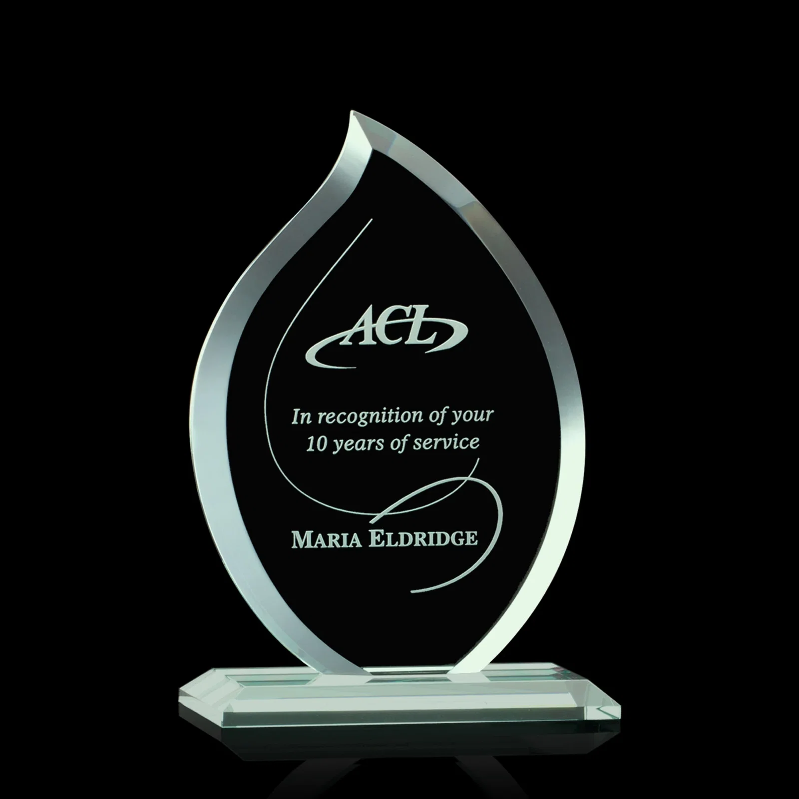 Custom Jade Glass Flame Award, 1/2-Inch Thick, Vertical-Flow Artwork for corporate award ceremonies