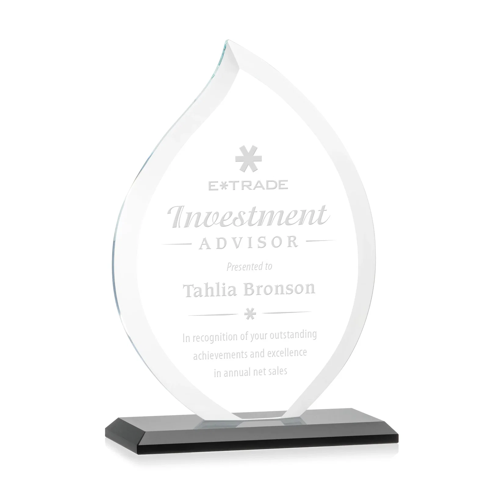 Personalized Jade Glass Flame Award, 1/2-Inch Thick, Vertical-Flow Artwork for graduation ceremonies