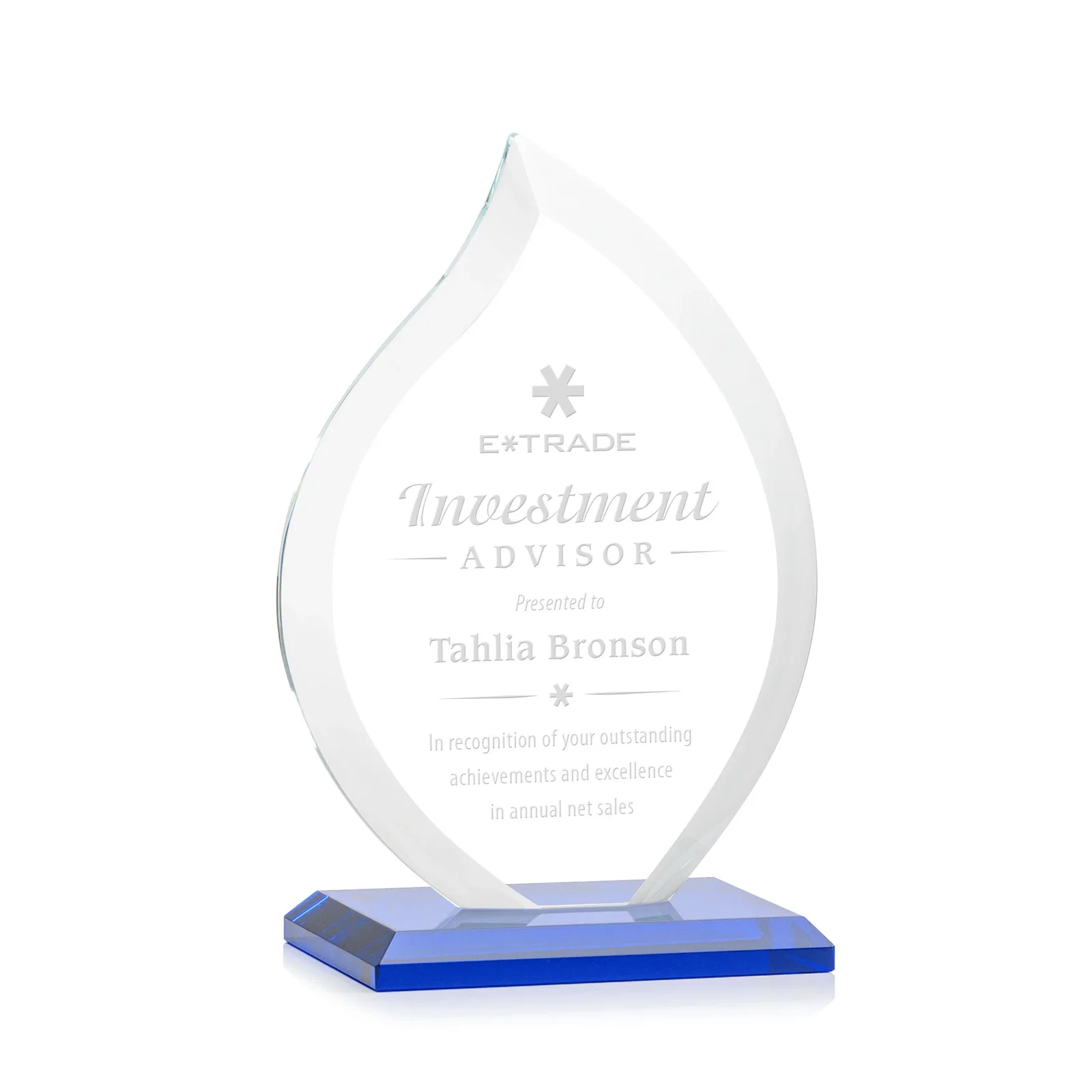 Personalized Jade Glass Flame Award, 1/2-Inch Thick, Vertical-Flow Artwork for volunteer appreciation