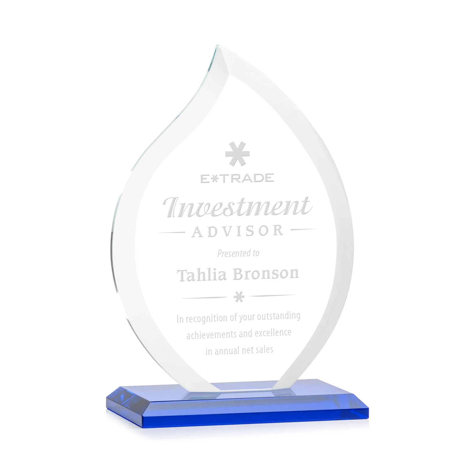 Personalized Jade Glass Flame Award, 1/2-Inch Thick, Vertical-Flow Artwork for dealer and partner awards