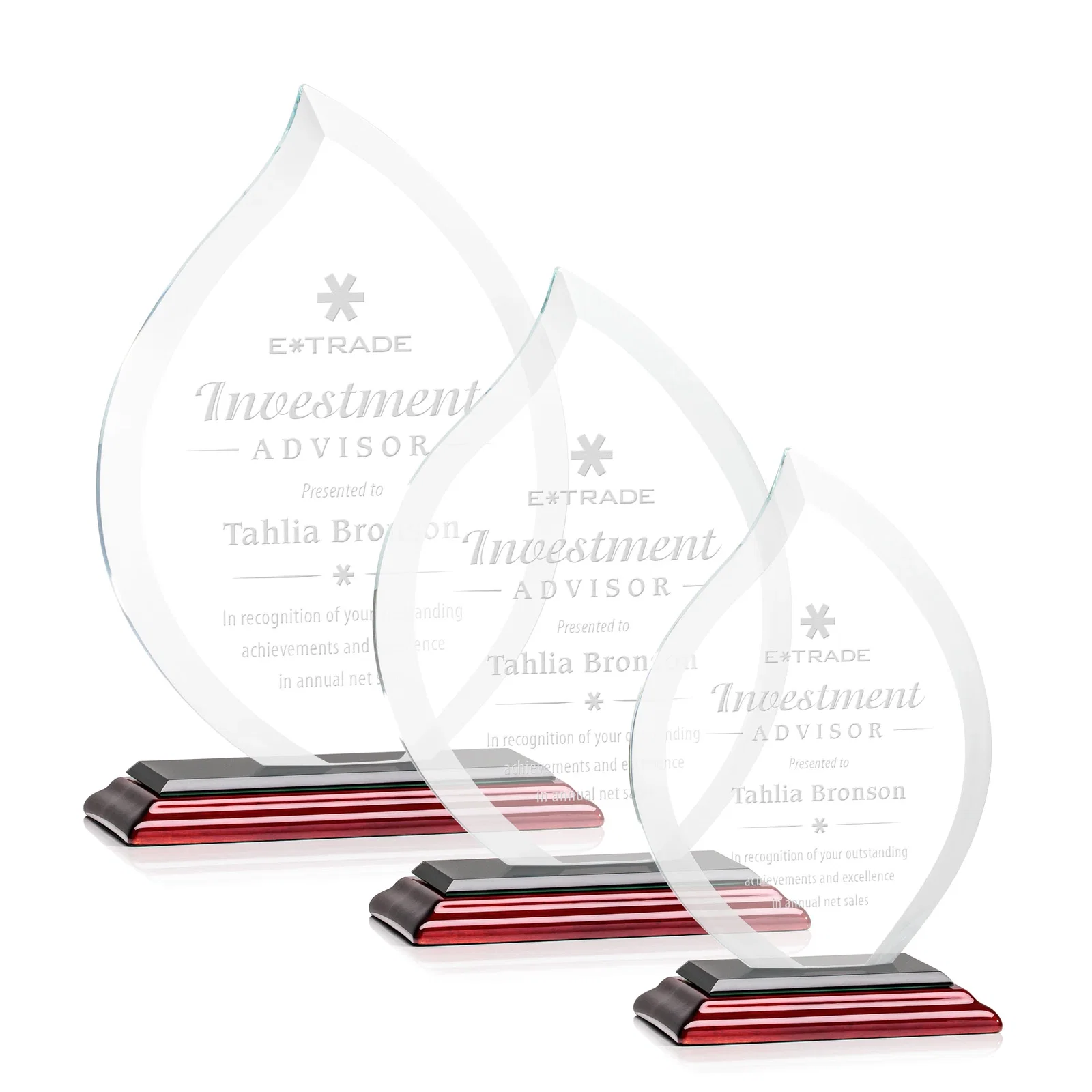 Promotional Jade Glass Flame Award, 1/2-Inch Thick, Vertical-Flow Artwork for employee recognition