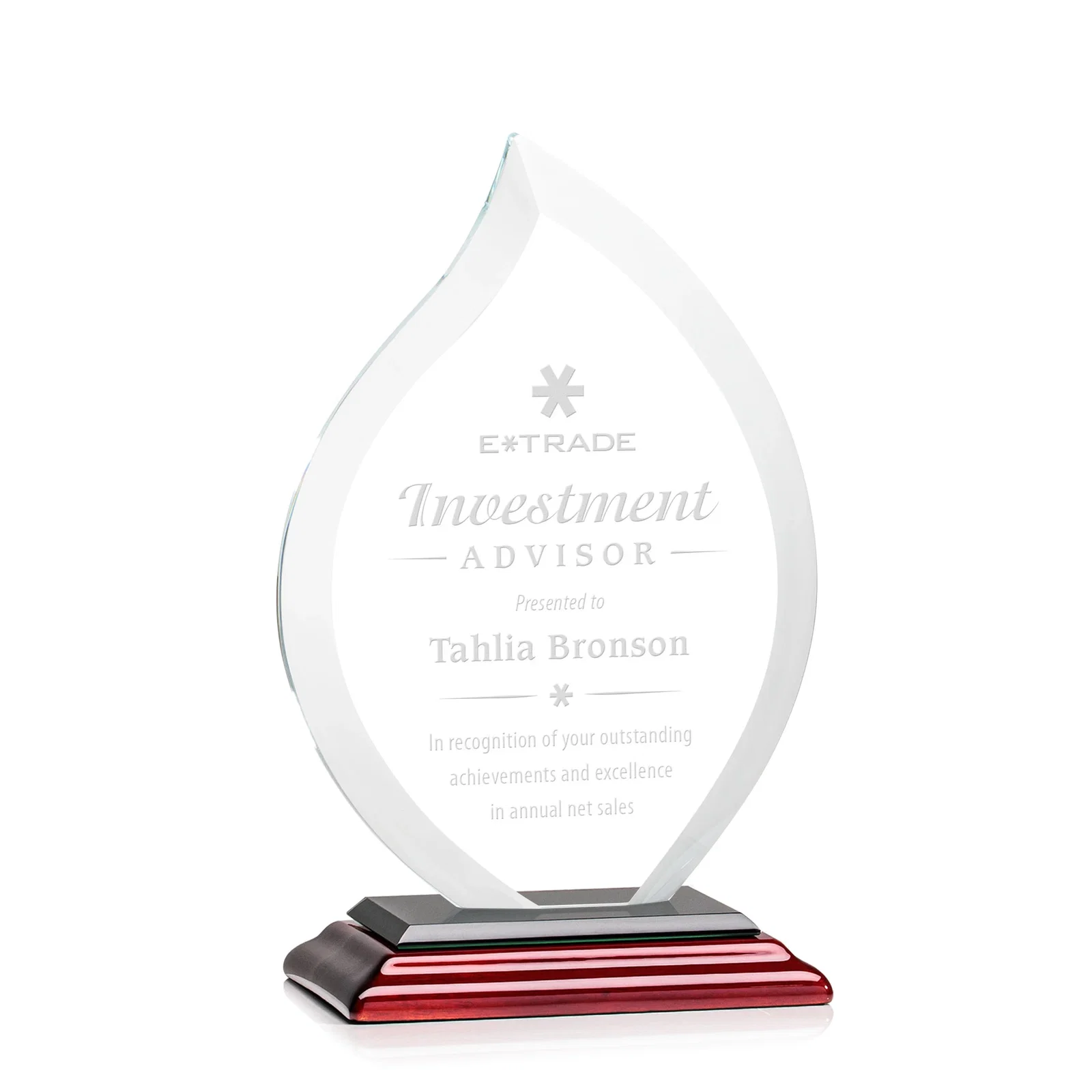 Promotional Jade Glass Flame Award, 1/2-Inch Thick, Vertical-Flow Artwork for corporate award ceremonies