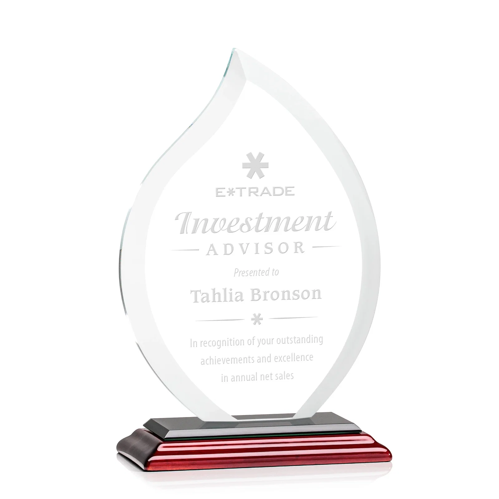 Promotional Jade Glass Flame Award, 1/2-Inch Thick, Vertical-Flow Artwork for service anniversary gifts