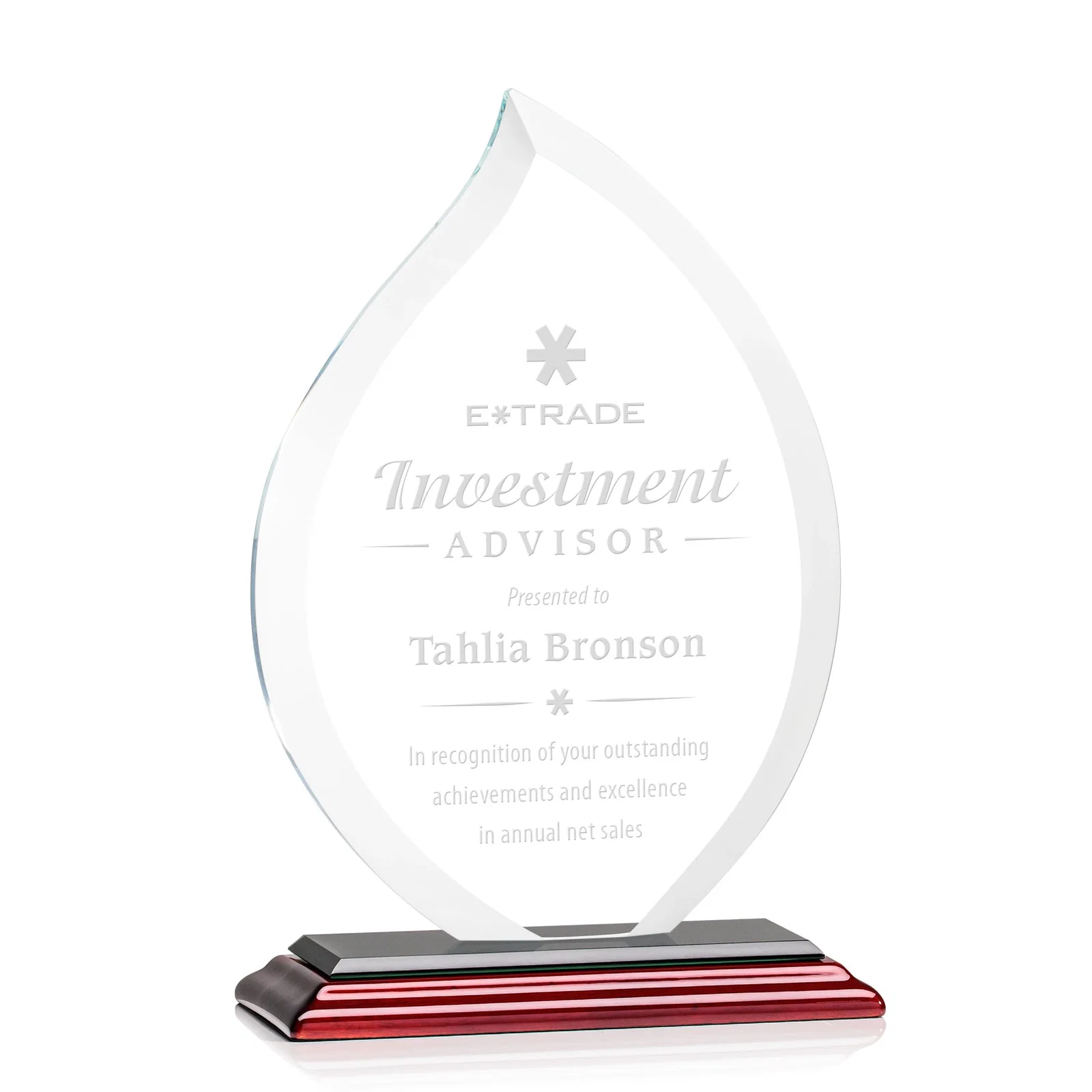Promotional Jade Glass Flame Award, 1/2-Inch Thick, Vertical-Flow Artwork for sales achievement awards